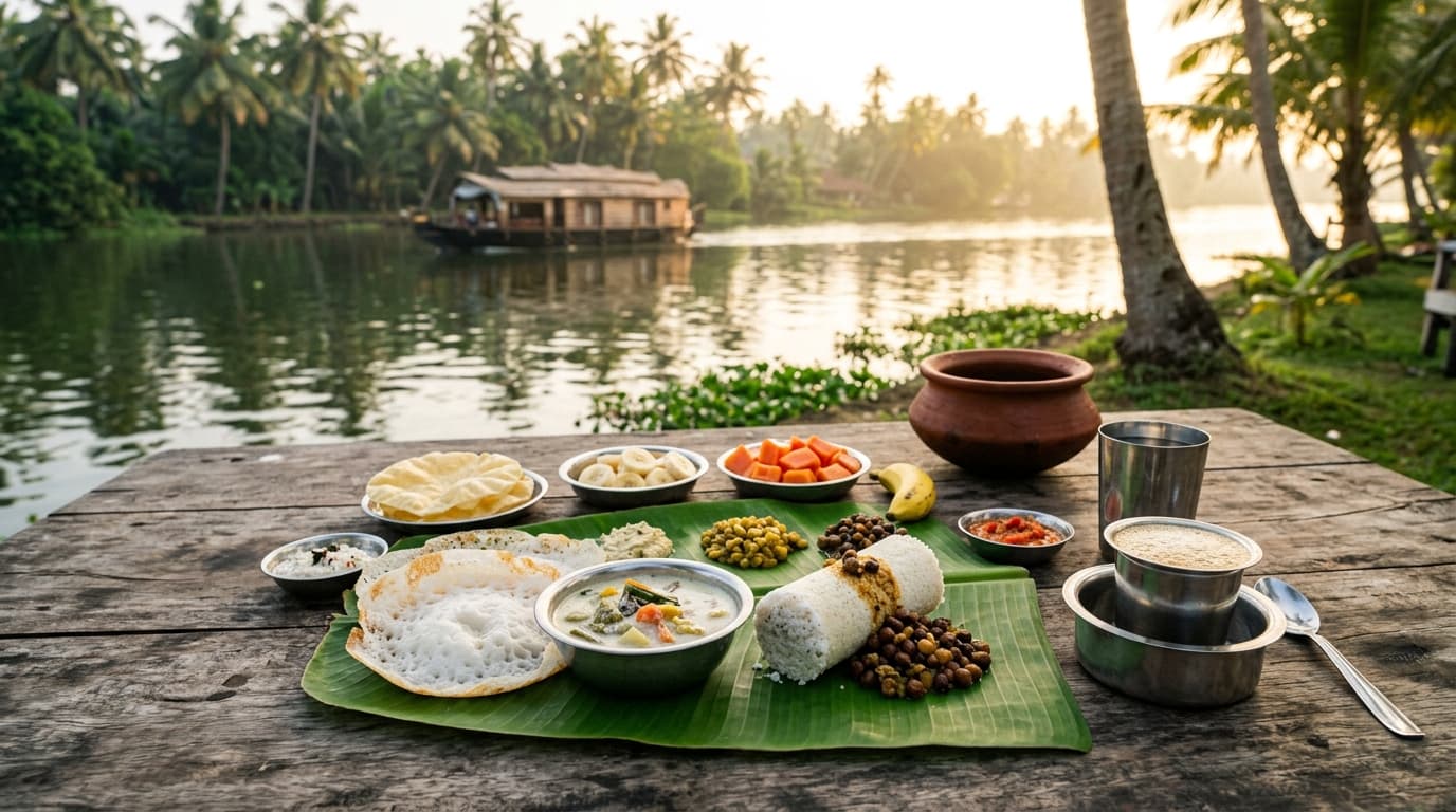 Authentic Kerala breakfast with Appam, Puttu and filter coffee by the lake