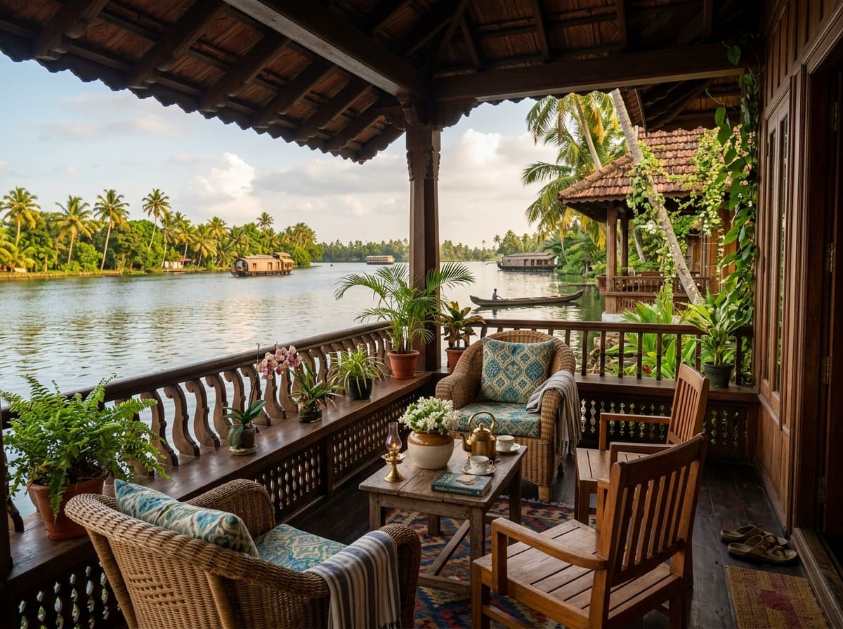 Lake view balcony overlooking Punnamada Lake Alleppey