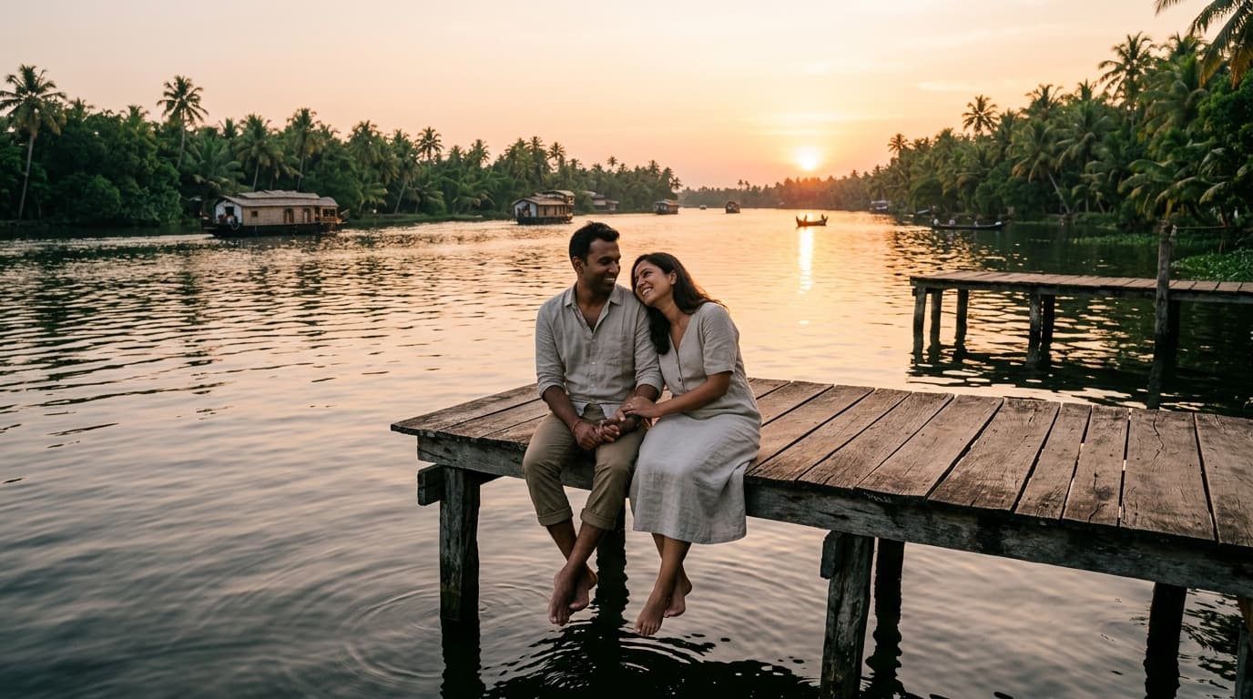 Couple enjoying sunset on wooden dock over Kerala backwaters Alleppey