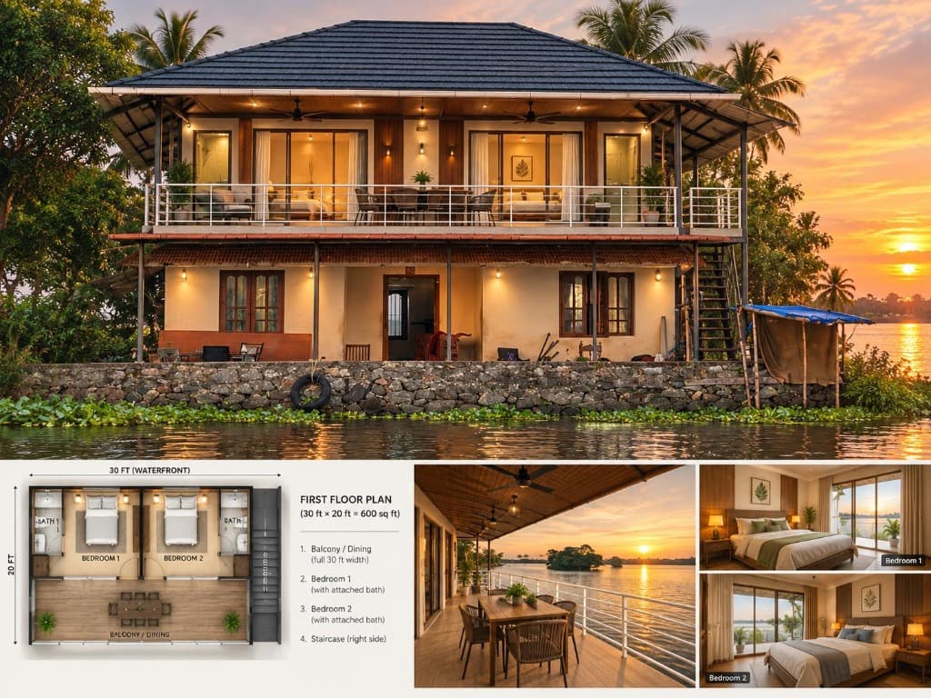 Zen Homestay Alleppey – waterfront exterior, floor plan and lake view bedrooms collage