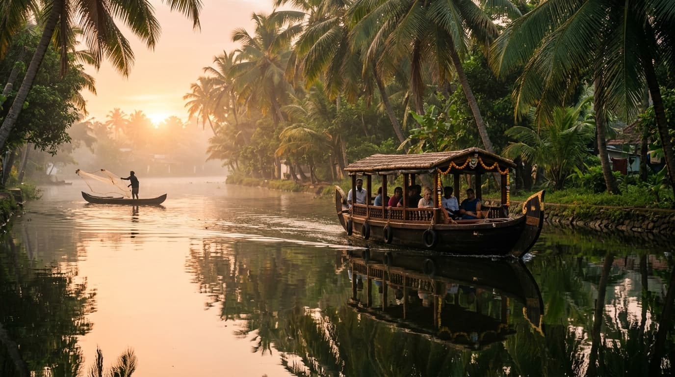 Shikara boat ride through Kerala backwater canals at sunrise Alleppey