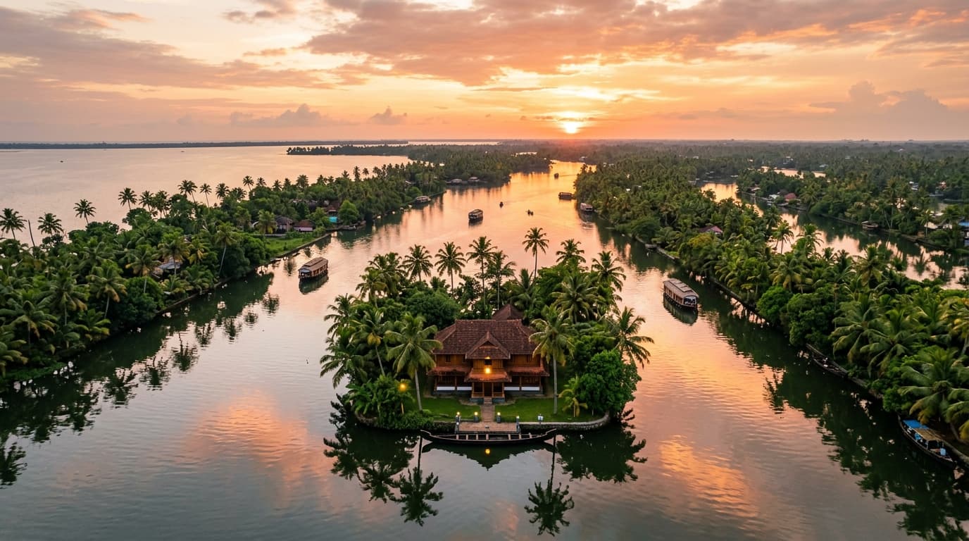 Aerial sunset view of Punnamada Lake Kerala backwaters - Zen Homestay Alleppey